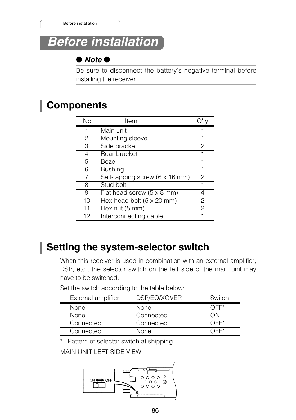 Before installation, Components, Setting the system-selector switch | Eclipse - Fujitsu Ten CD5423 User Manual | Page 86 / 96