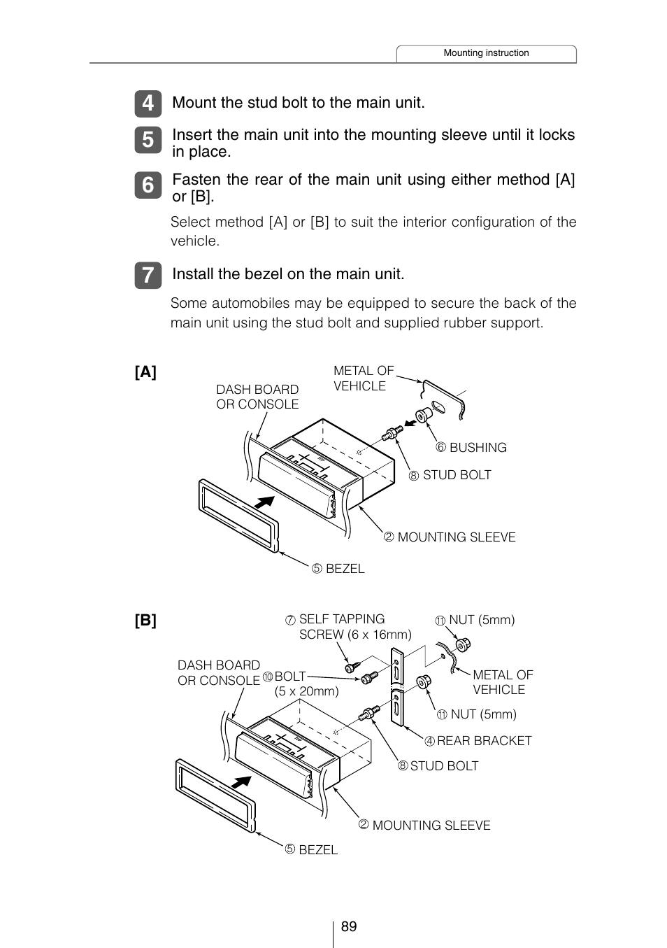 Mount the stud bolt to the main unit, Install the bezel on the main unit | Eclipse - Fujitsu Ten CD5423 User Manual | Page 89 / 96