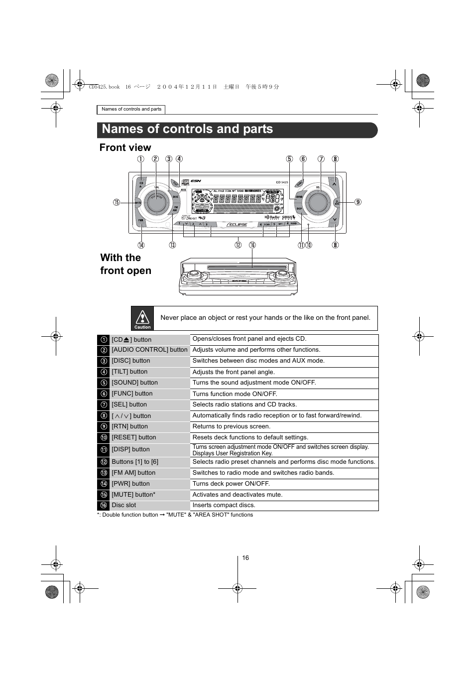 Names of controls and parts, Front view, With the front open | Eclipse - Fujitsu Ten CD5425 User Manual | Page 16 / 124