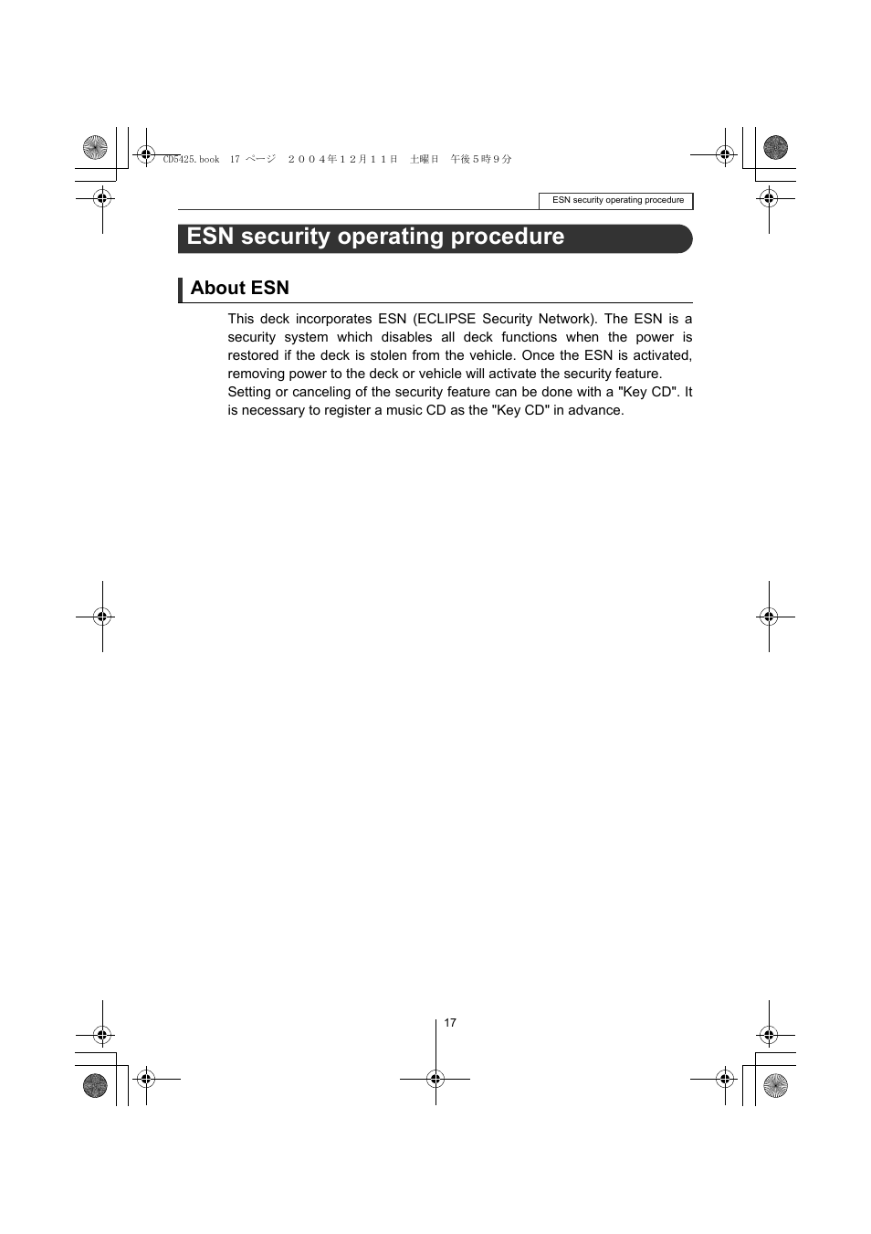 Esn security operating procedure, About esn | Eclipse - Fujitsu Ten CD5425 User Manual | Page 17 / 124