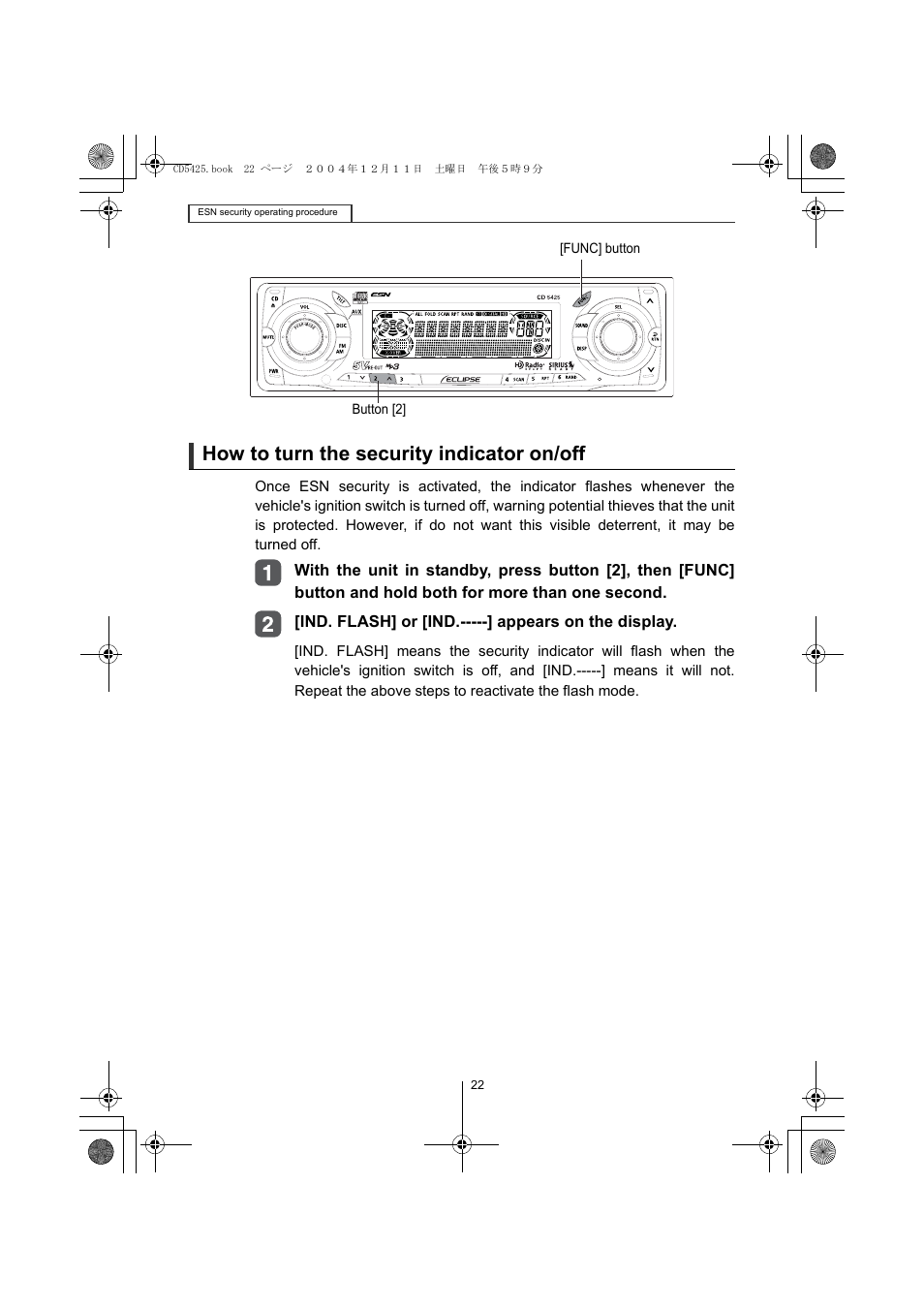 How to turn the security indicator on/off | Eclipse - Fujitsu Ten CD5425 User Manual | Page 22 / 124