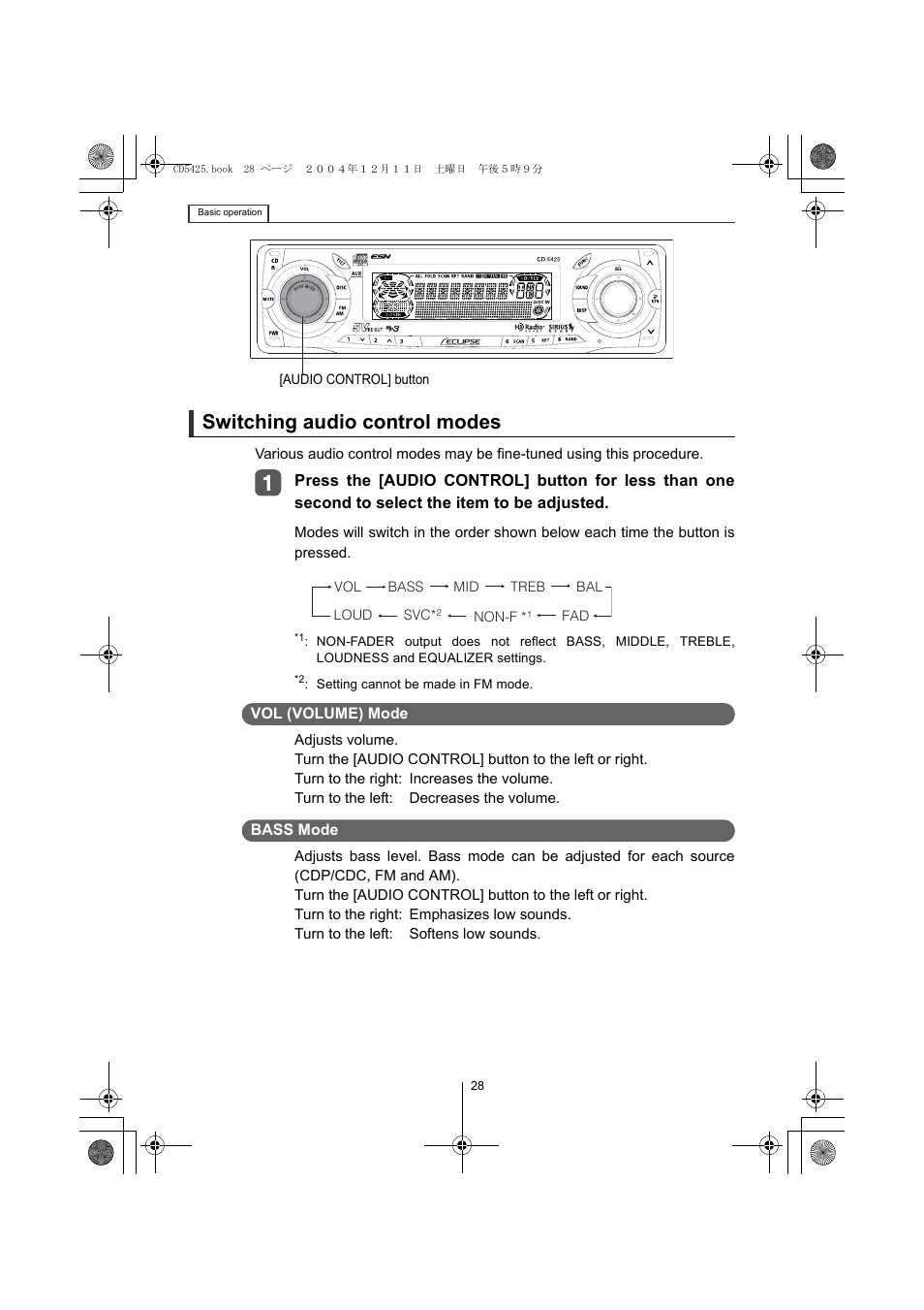 Switching audio control modes | Eclipse - Fujitsu Ten CD5425 User Manual | Page 28 / 124