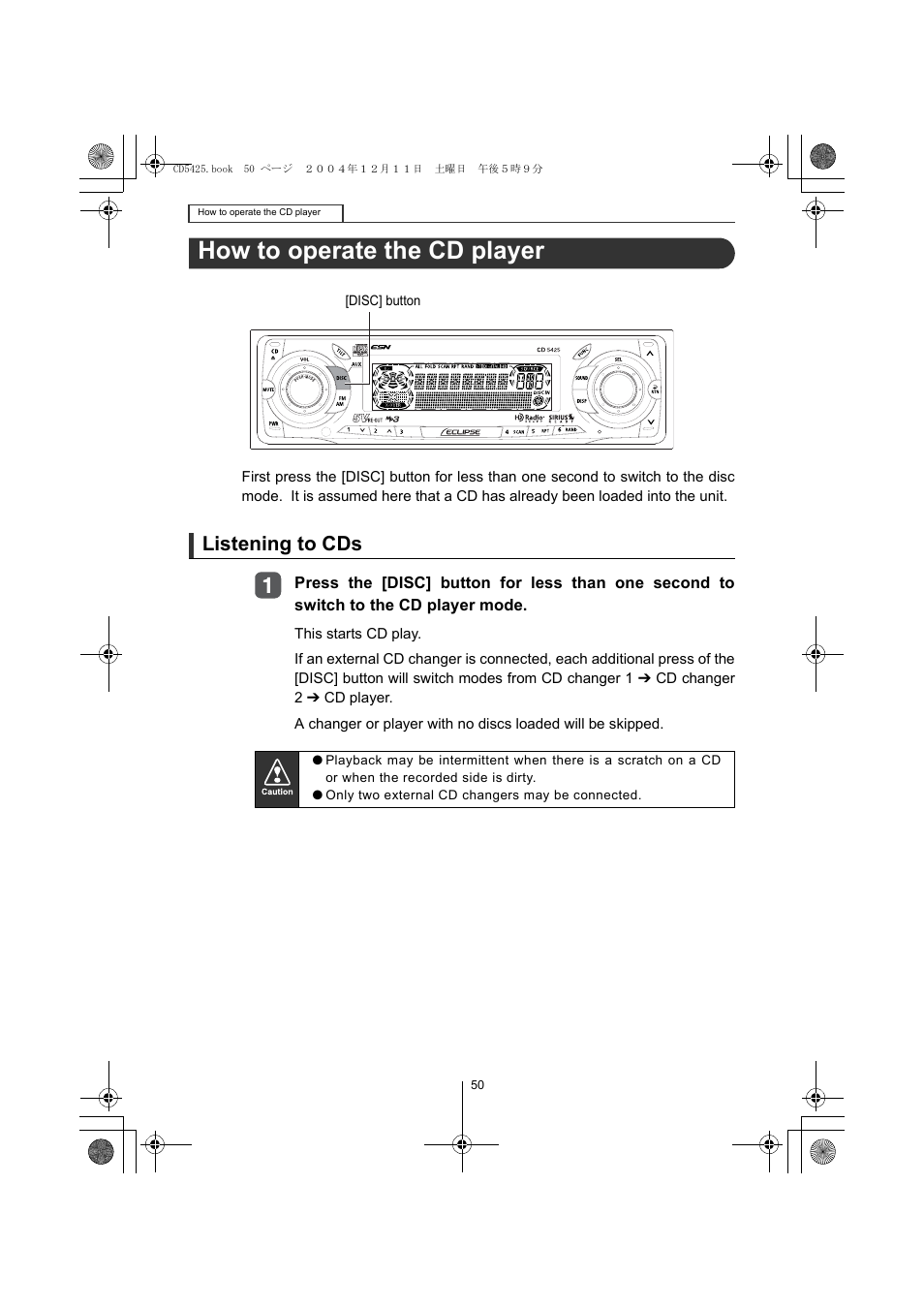 How to operate the cd player, Listening to cds | Eclipse - Fujitsu Ten CD5425 User Manual | Page 50 / 124