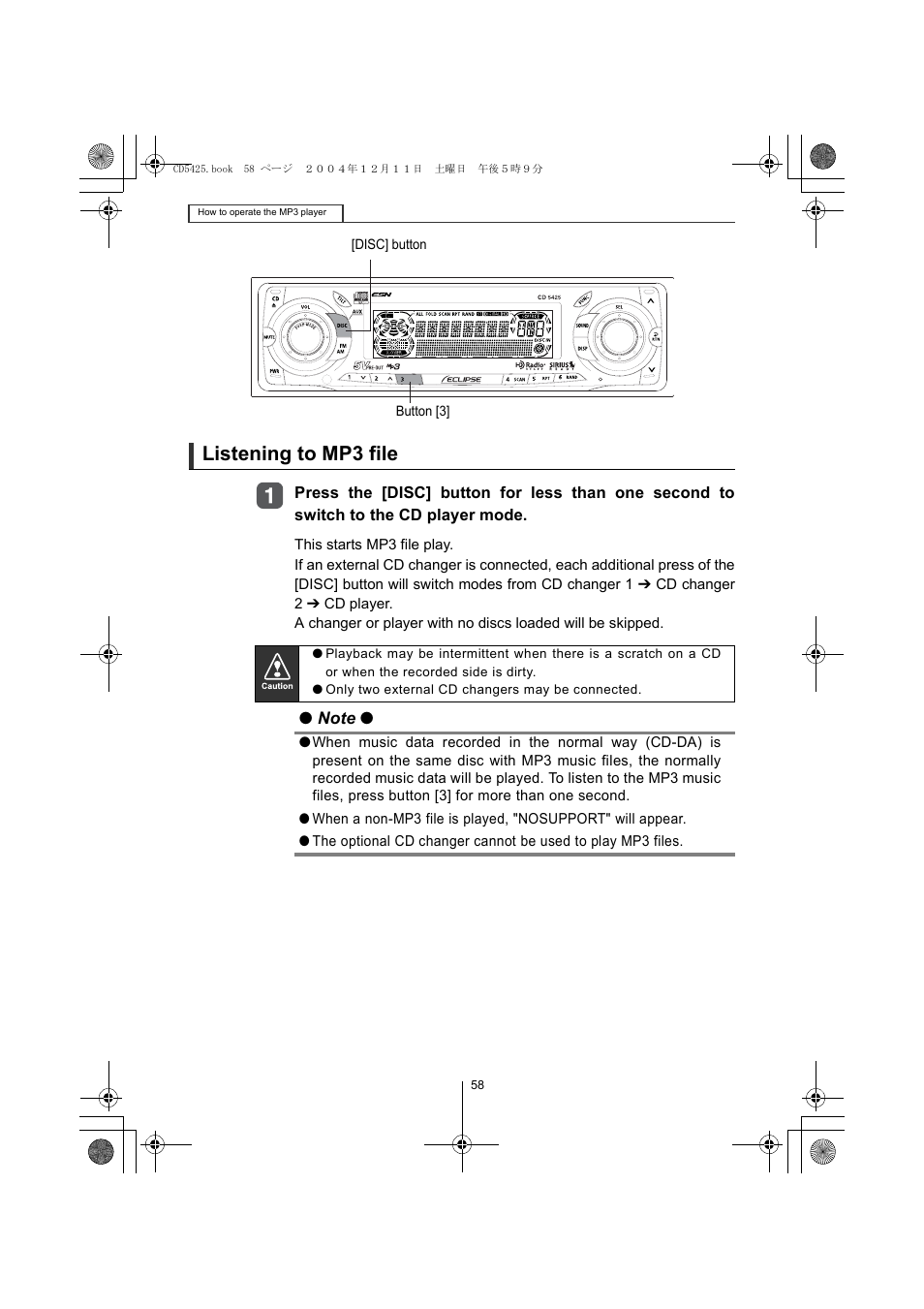 Listening to mp3 file | Eclipse - Fujitsu Ten CD5425 User Manual | Page 58 / 124