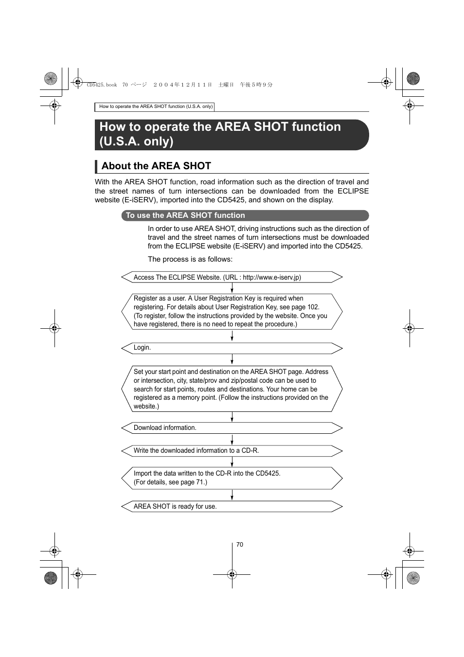 About the area shot | Eclipse - Fujitsu Ten CD5425 User Manual | Page 70 / 124