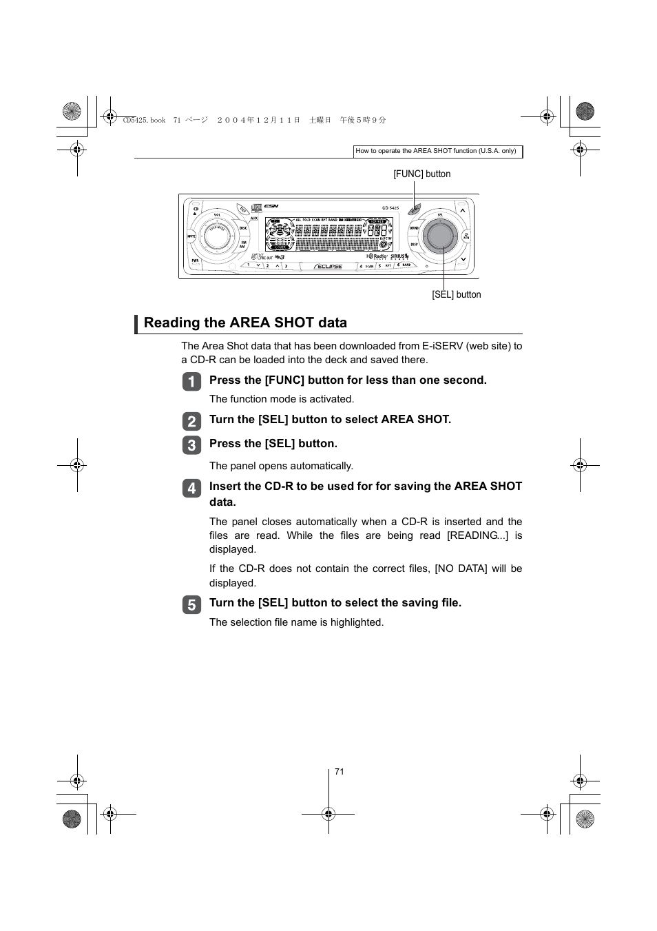 Reading the area shot data | Eclipse - Fujitsu Ten CD5425 User Manual | Page 71 / 124