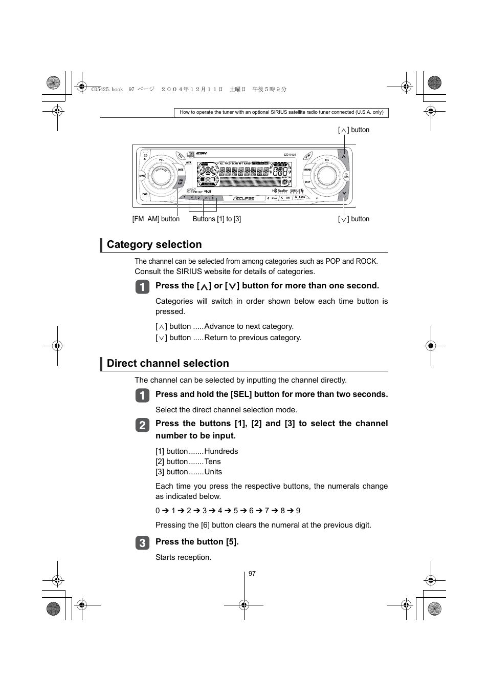 Category selection, Direct channel selection | Eclipse - Fujitsu Ten CD5425 User Manual | Page 97 / 124
