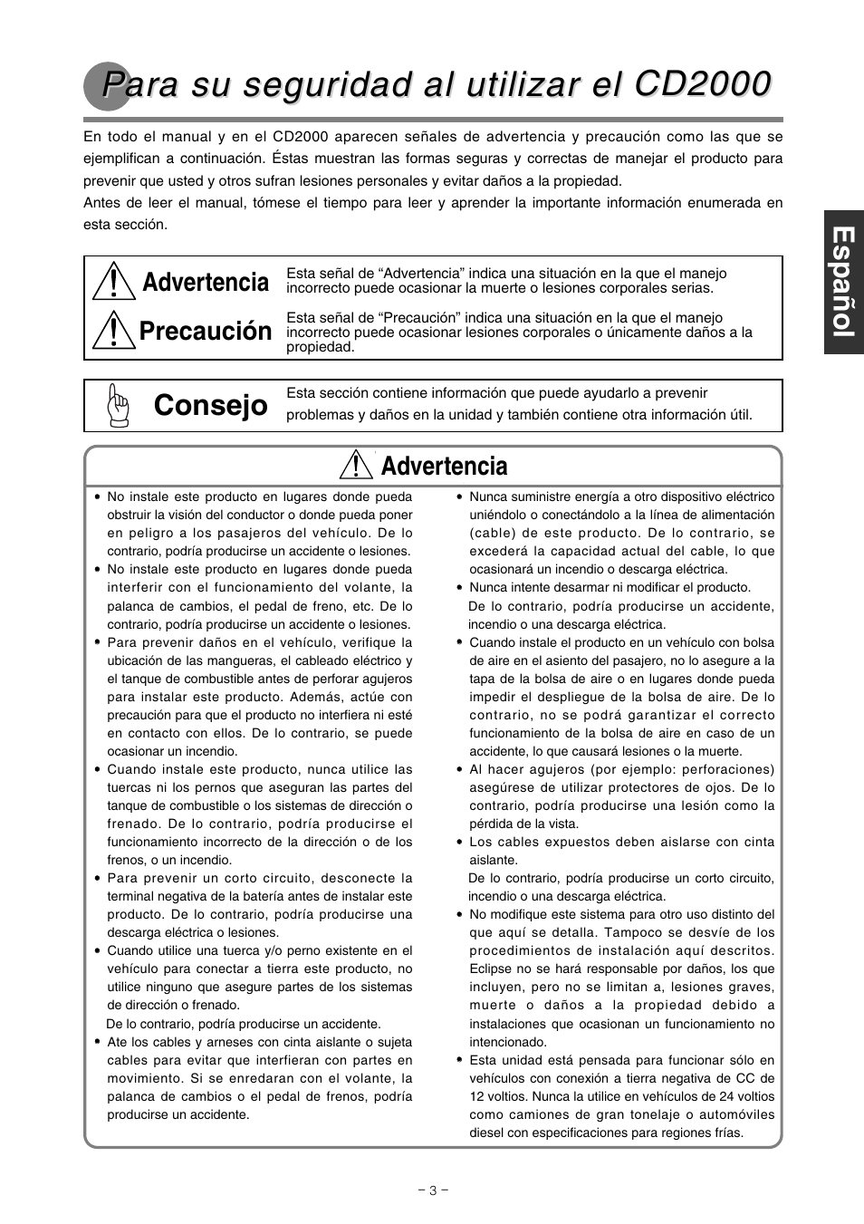 Consejo, Advertencia precaución, Advertencia | Eclipse - Fujitsu Ten CD2000 User Manual | Page 15 / 36