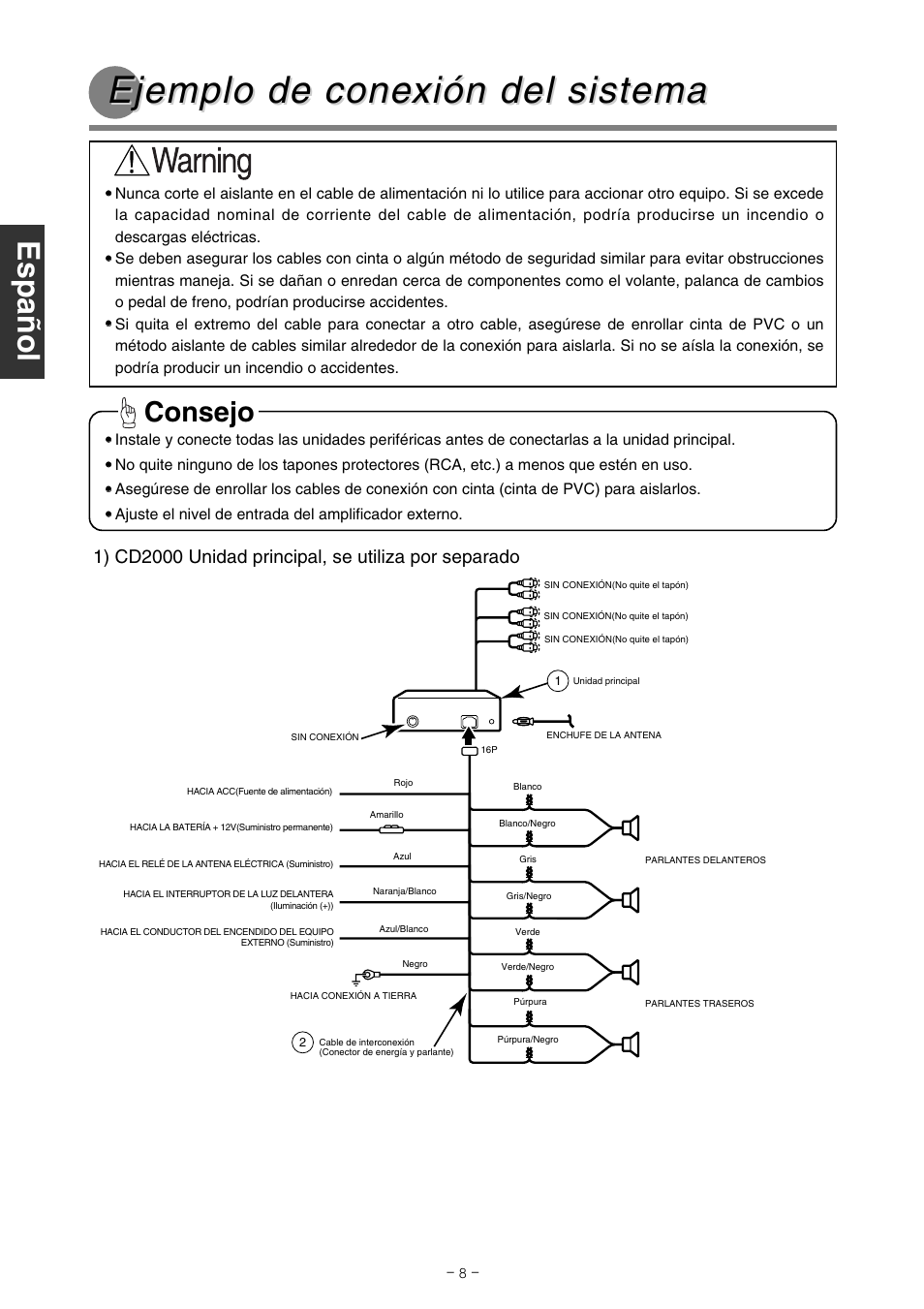 Ejemplo de cone, Ejemplo de cone xión del sistema xión del sistema, Consejo | Eclipse - Fujitsu Ten CD2000 User Manual | Page 20 / 36