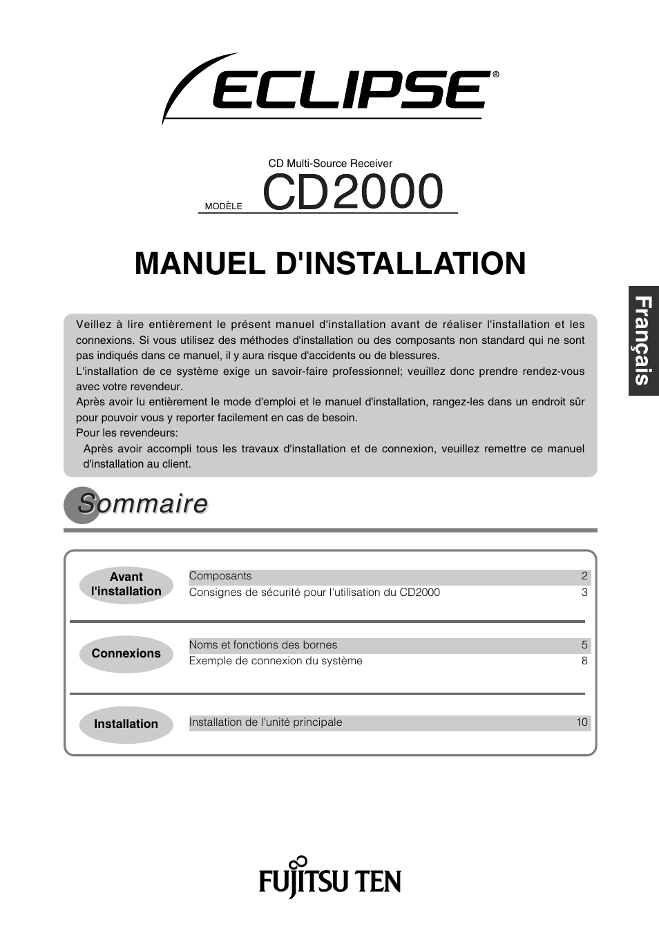 Manuel d'installation, Sommaire | Eclipse - Fujitsu Ten CD2000 User Manual | Page 25 / 36