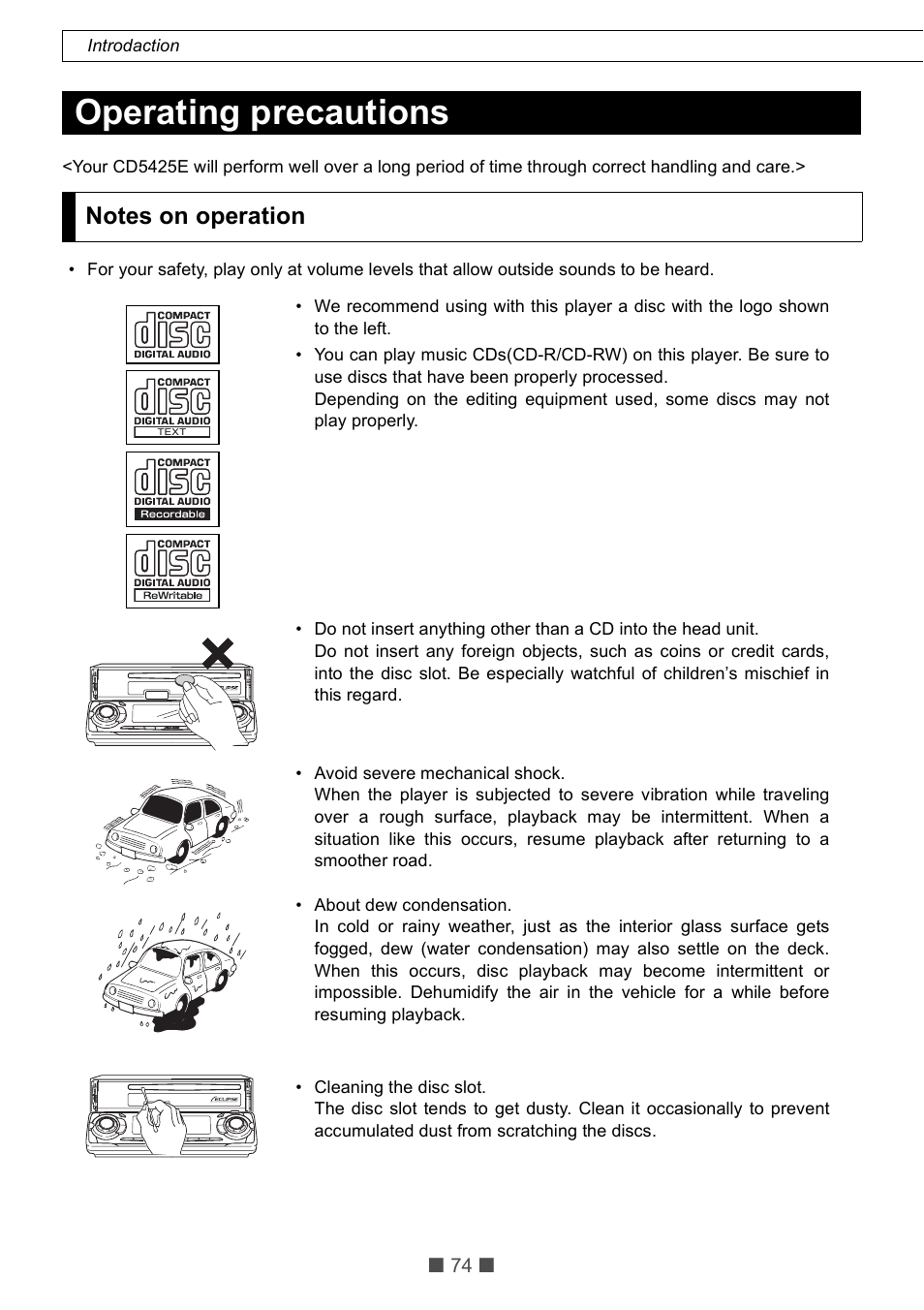 Operating precautions | Eclipse - Fujitsu Ten CD5425E User Manual | Page 10 / 62