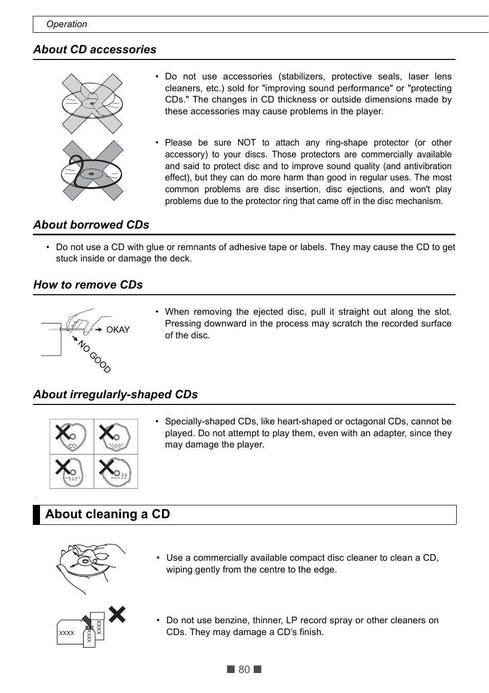 About cleaning a cd, About cd accessories about borrowed cds, How to remove cds about irregularly-shaped cds | Eclipse - Fujitsu Ten CD5425E User Manual | Page 16 / 62