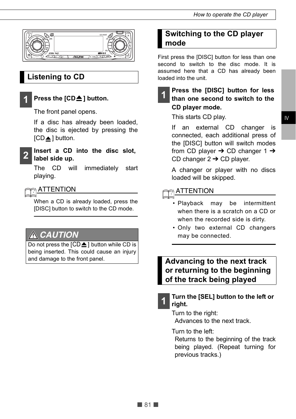 Caution | Eclipse - Fujitsu Ten CD5425E User Manual | Page 17 / 62