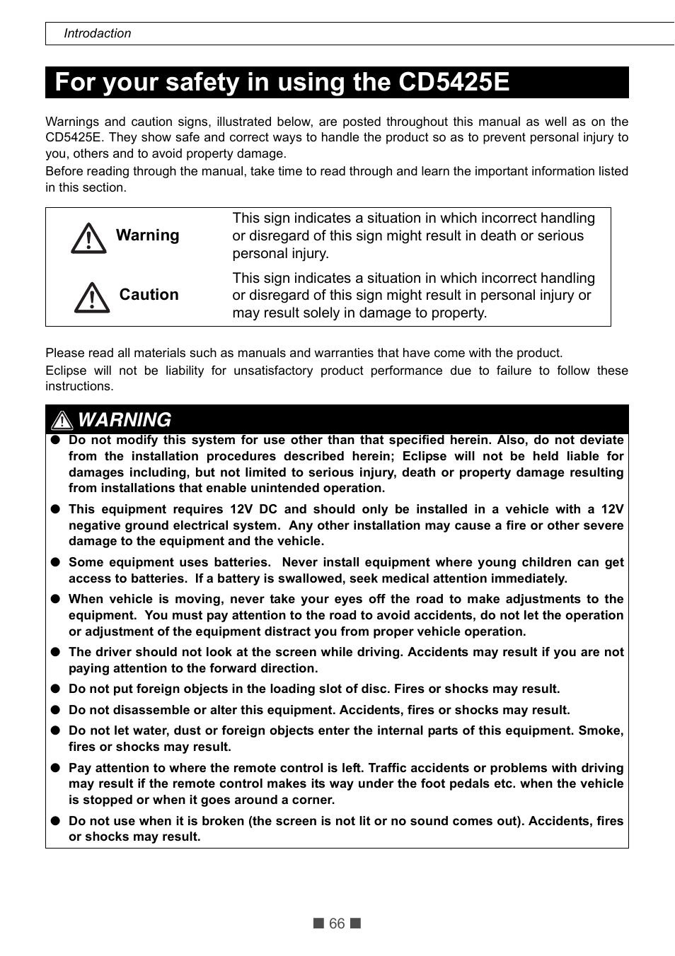 For your safety in using the cd5425e, Warning | Eclipse - Fujitsu Ten CD5425E User Manual | Page 2 / 62