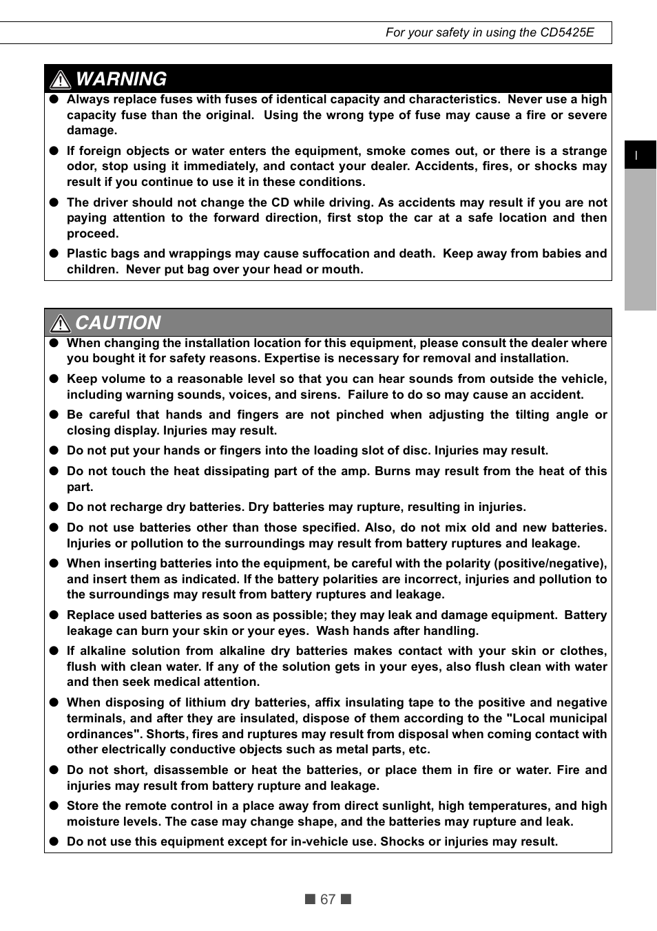 Warning, Caution | Eclipse - Fujitsu Ten CD5425E User Manual | Page 3 / 62