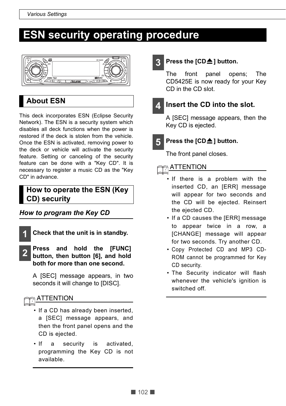 Esn security operating procedure | Eclipse - Fujitsu Ten CD5425E User Manual | Page 38 / 62