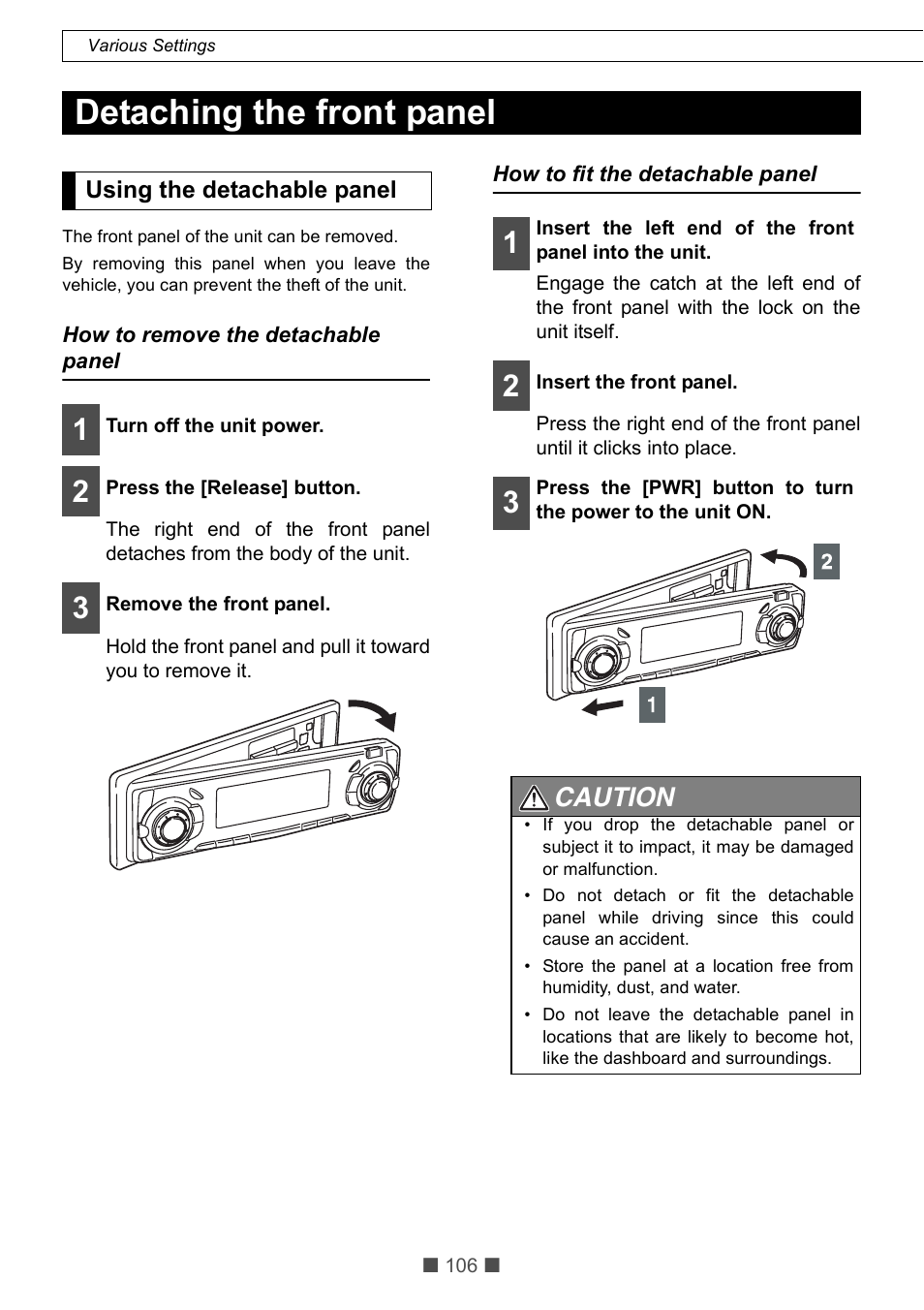 Detaching the front panel, Caution | Eclipse - Fujitsu Ten CD5425E User Manual | Page 42 / 62