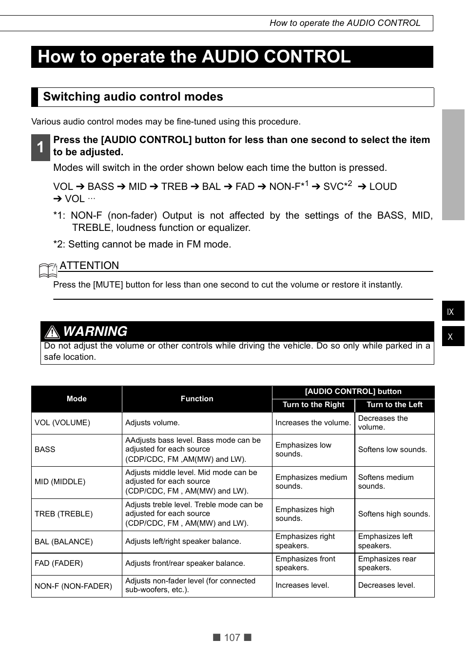 How to operate the audio control, Warning, Switching audio control modes | Attention | Eclipse - Fujitsu Ten CD5425E User Manual | Page 43 / 62