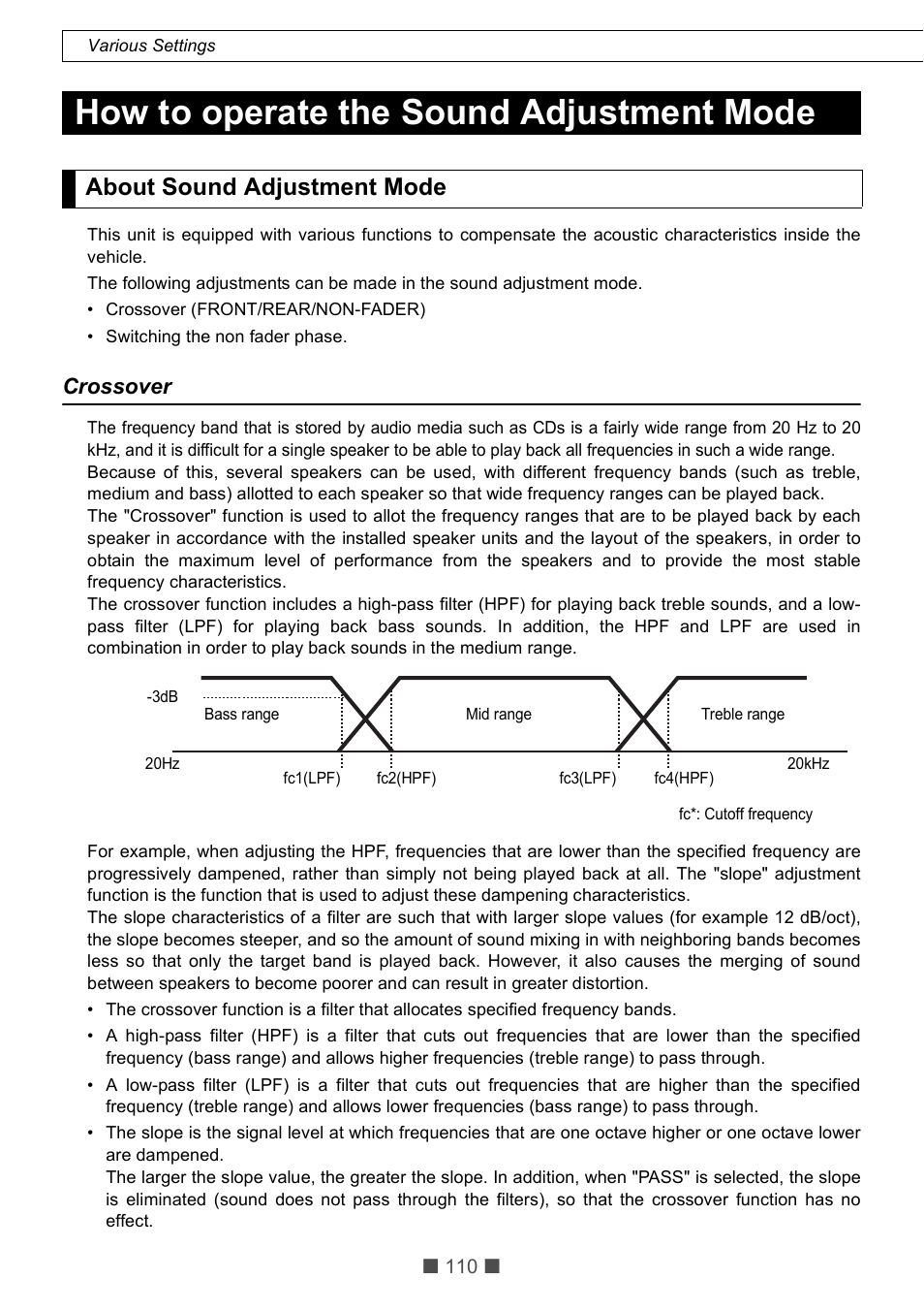 How to operate the sound adjustment mode, About sound adjustment mode, Crossover | Eclipse - Fujitsu Ten CD5425E User Manual | Page 46 / 62