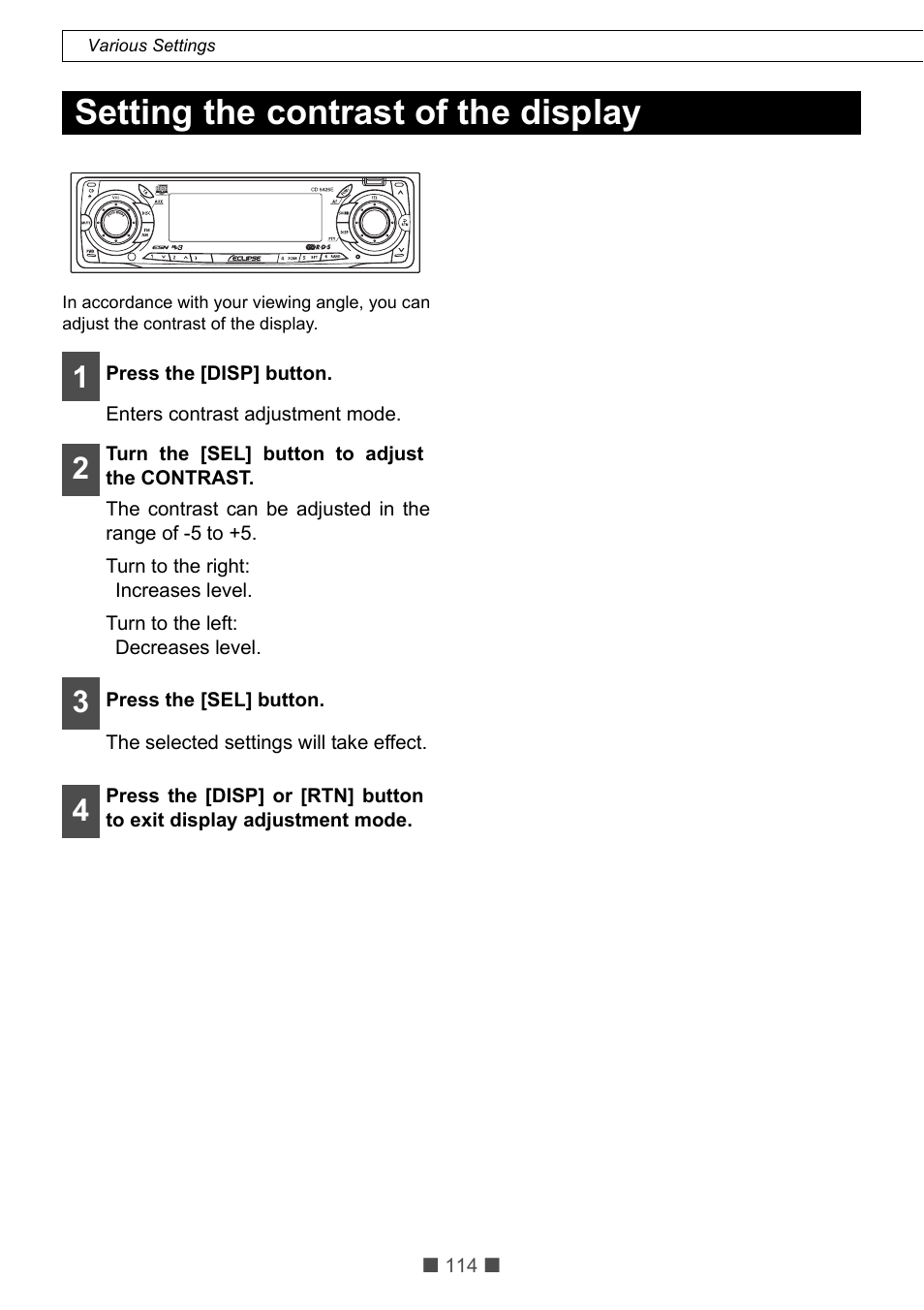 Setting the contrast of the display | Eclipse - Fujitsu Ten CD5425E User Manual | Page 50 / 62