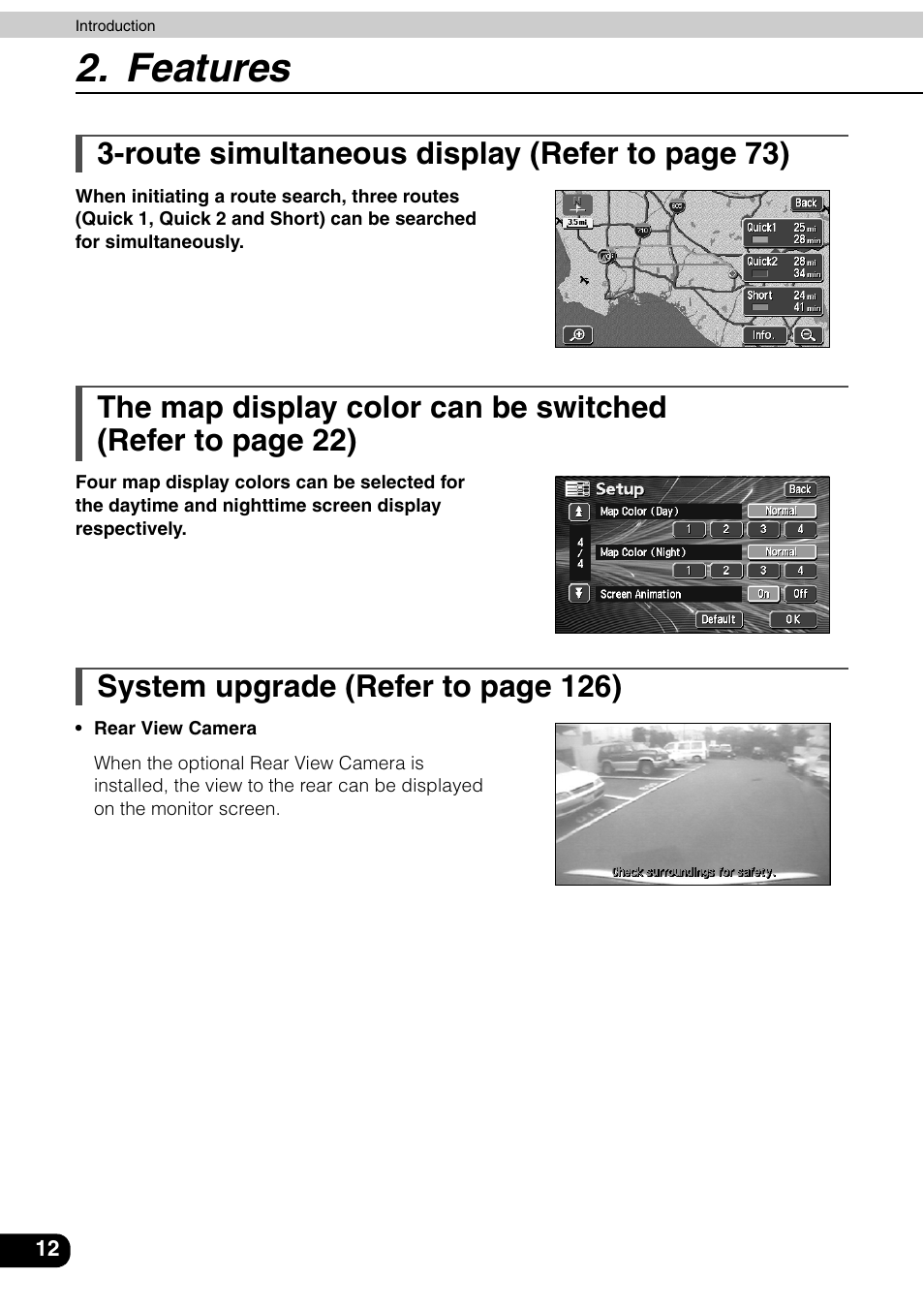 Features, Route simultaneous displa y (refer to page 73), System upgrade (refer to page 126) | Eclipse - Fujitsu Ten AVN6600 User Manual | Page 12 / 163
