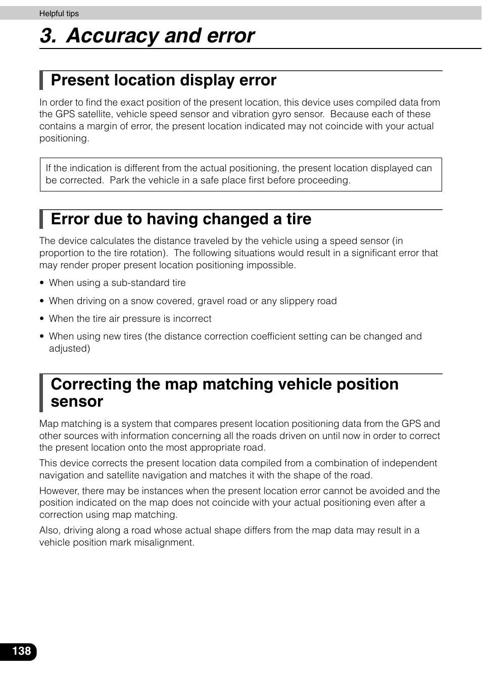 Present location display error, Error due to having changed a tire, Accuracy and error | Eclipse - Fujitsu Ten AVN6600 User Manual | Page 138 / 163