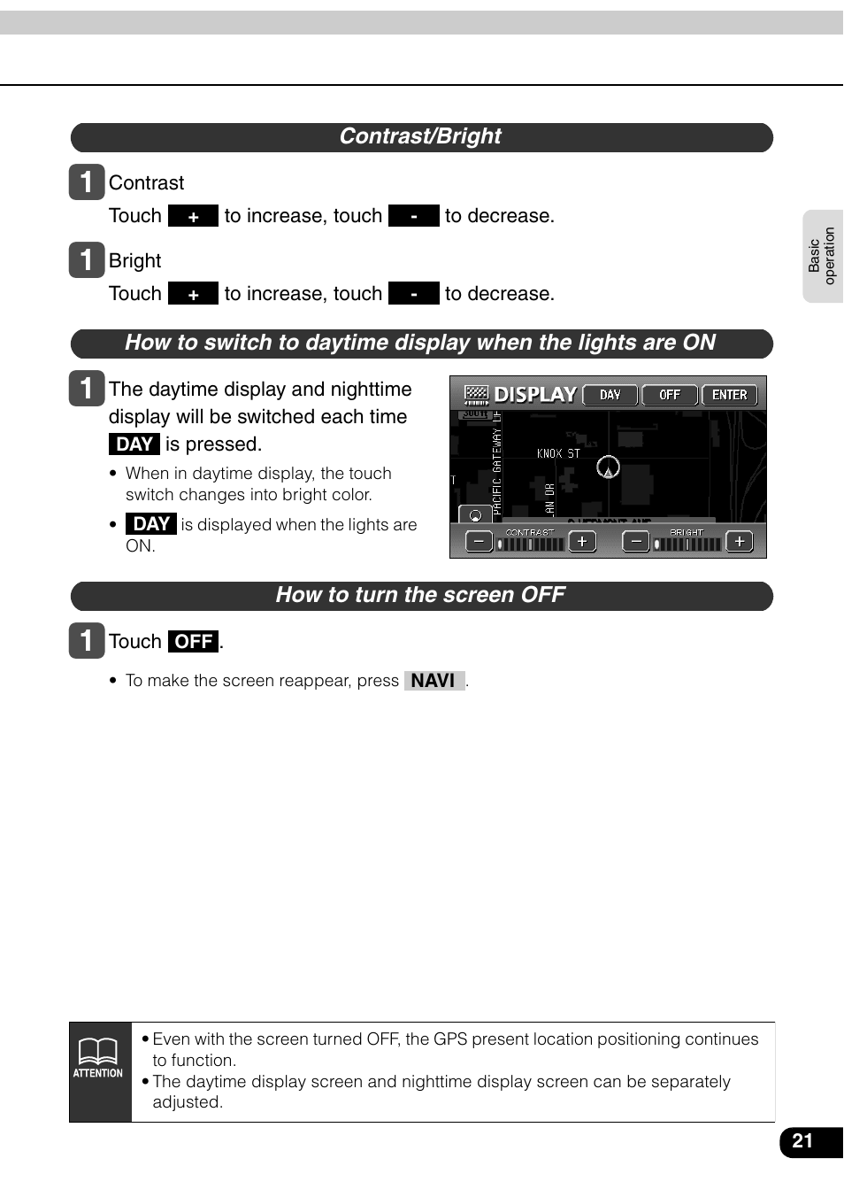 Contrast/bright, How to turn the screen off | Eclipse - Fujitsu Ten AVN6600 User Manual | Page 21 / 163