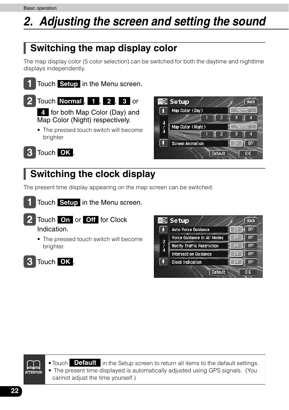 Switching the map display color, Switching the clock display, Adjusting the screen and setting the sound | Eclipse - Fujitsu Ten AVN6600 User Manual | Page 22 / 163