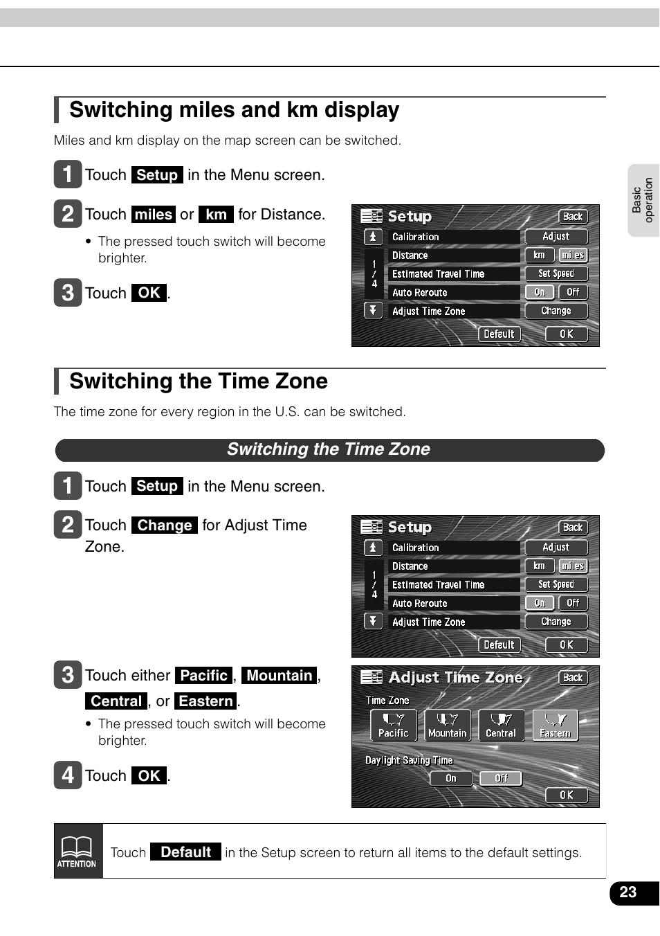 Switching miles and km display, Switching the time zone | Eclipse - Fujitsu Ten AVN6600 User Manual | Page 23 / 163