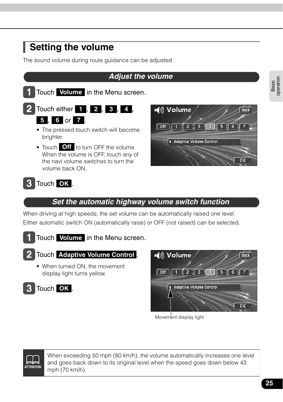 Setting the volume, Adjust the volume, Set the automatic highway volume switch function | Eclipse - Fujitsu Ten AVN6600 User Manual | Page 25 / 163