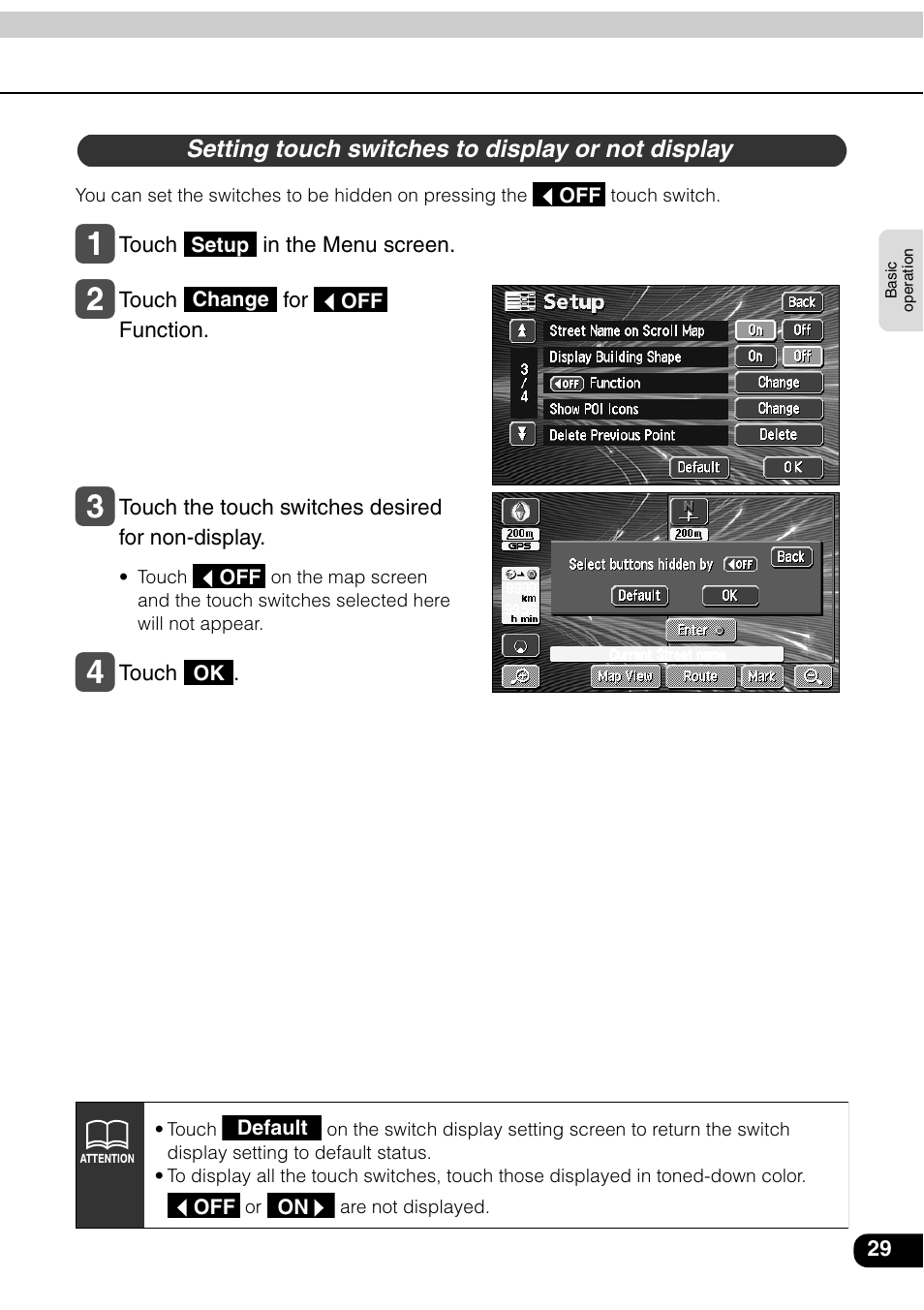 Setting touch switches to display or not display | Eclipse - Fujitsu Ten AVN6600 User Manual | Page 29 / 163