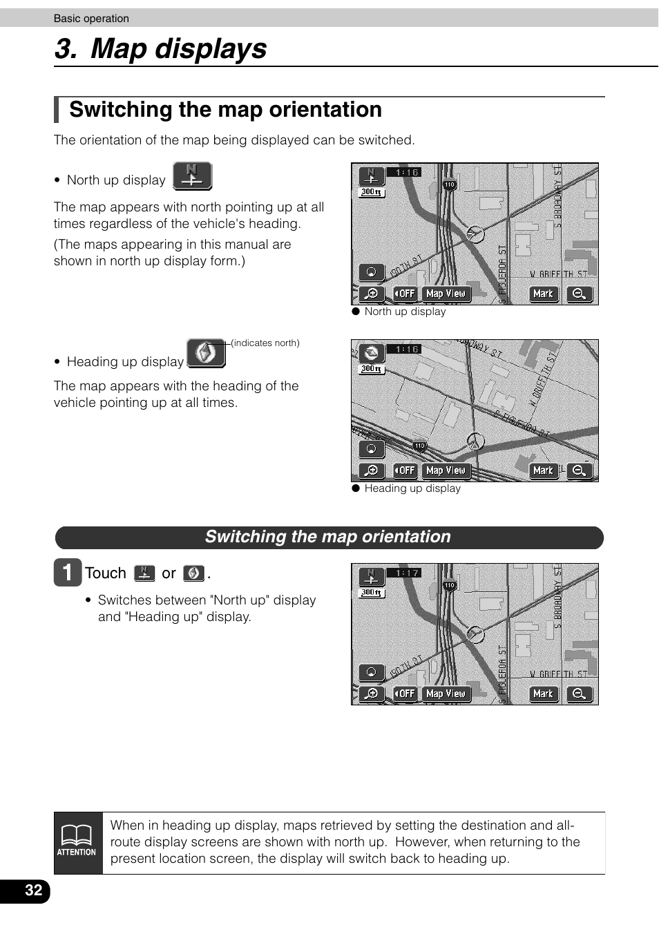 Switching the map orientation, Map displays | Eclipse - Fujitsu Ten AVN6600 User Manual | Page 32 / 163