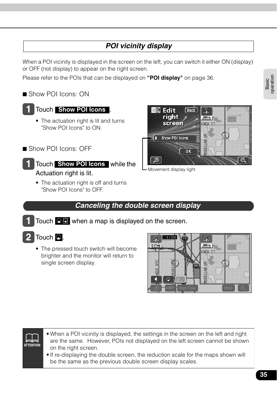 Poi vicinity display, Canceling the double screen display | Eclipse - Fujitsu Ten AVN6600 User Manual | Page 35 / 163