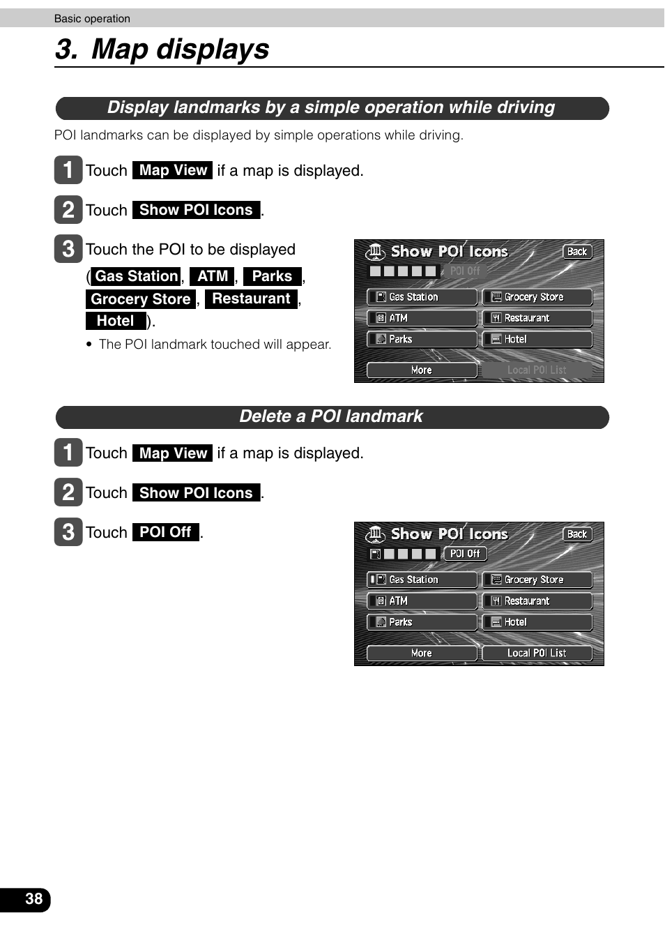 Delete a poi landmark, Map displays | Eclipse - Fujitsu Ten AVN6600 User Manual | Page 38 / 163