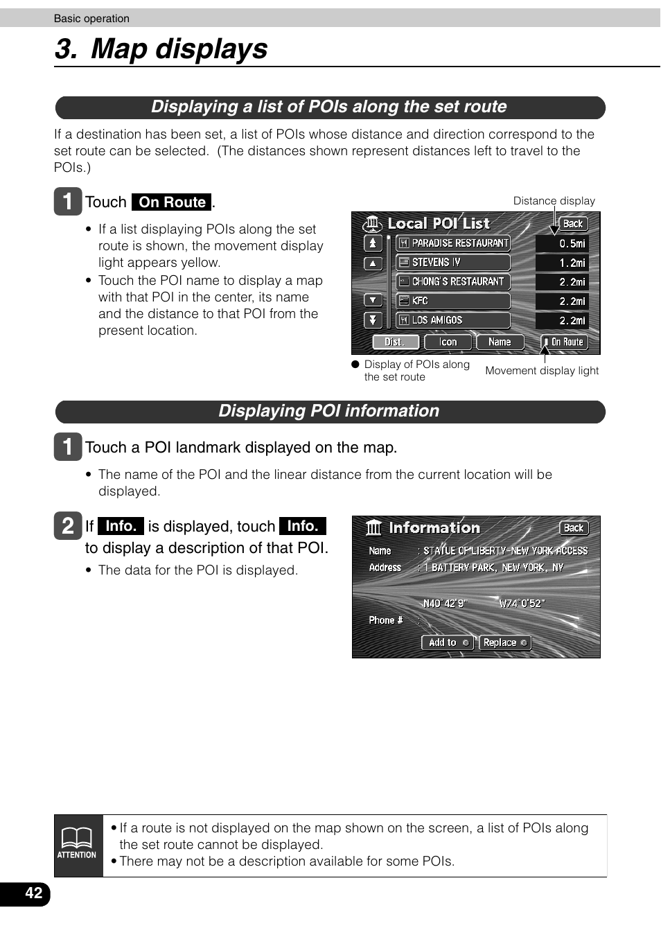 Displaying a list of pois along the set route, Displaying poi information, Map displays | Eclipse - Fujitsu Ten AVN6600 User Manual | Page 42 / 163