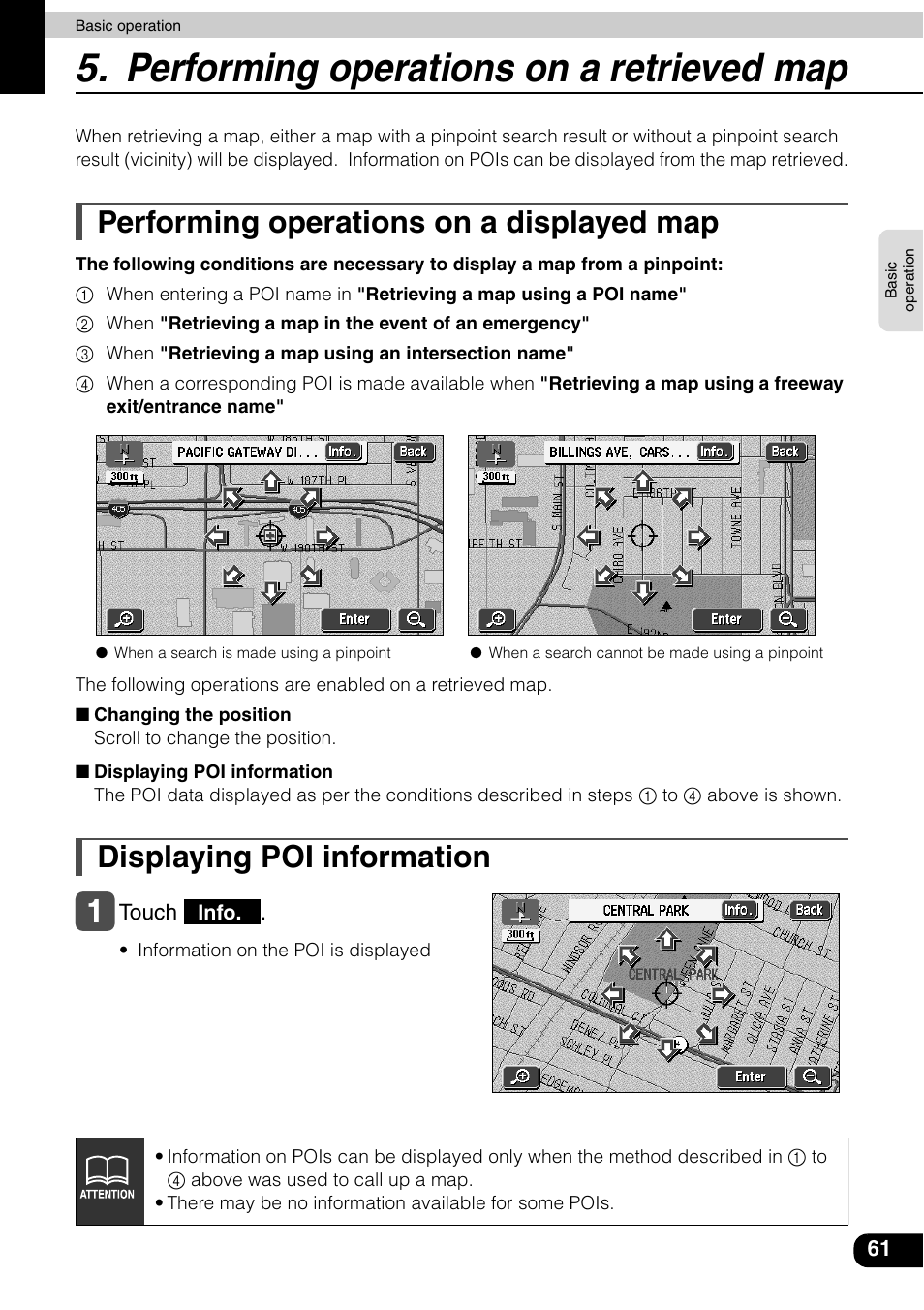 Performing operations on a retrieved map, Performing operations on a displayed map, Displaying poi information | Eclipse - Fujitsu Ten AVN6600 User Manual | Page 61 / 163