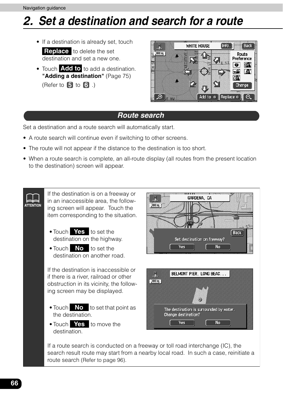 Route search, Set a destination and search for a route | Eclipse - Fujitsu Ten AVN6600 User Manual | Page 66 / 163