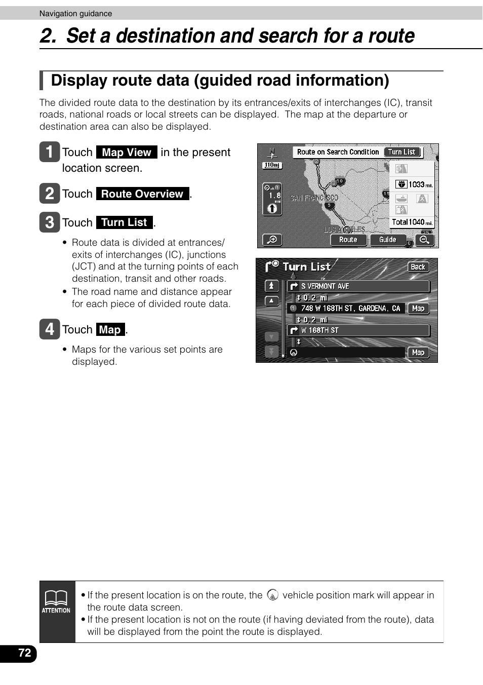 Display route data (guided road information), Set a destination and search for a route | Eclipse - Fujitsu Ten AVN6600 User Manual | Page 72 / 163