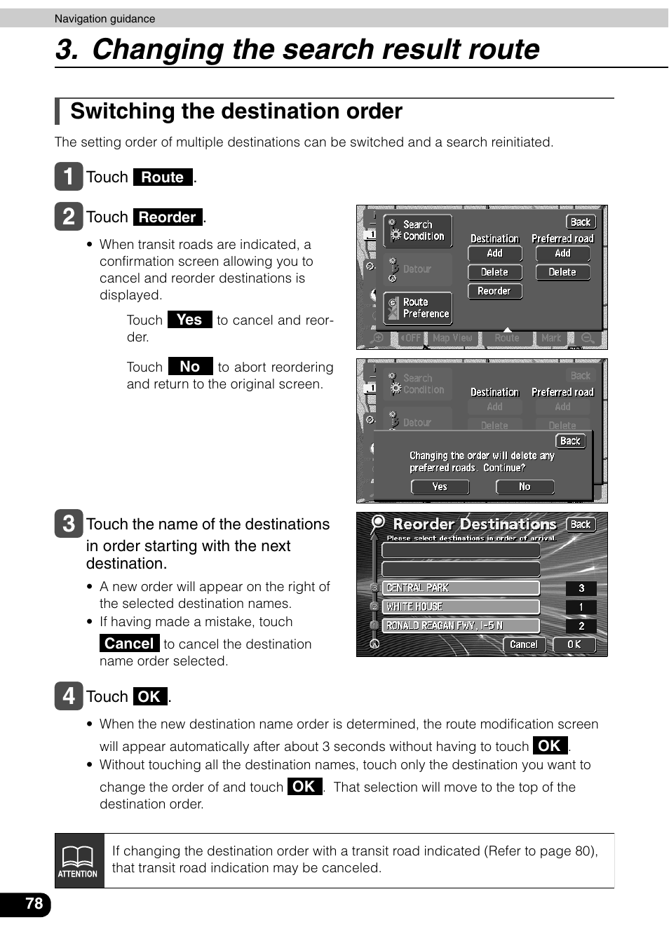 Switching the destination order, Changing the search result route | Eclipse - Fujitsu Ten AVN6600 User Manual | Page 78 / 163