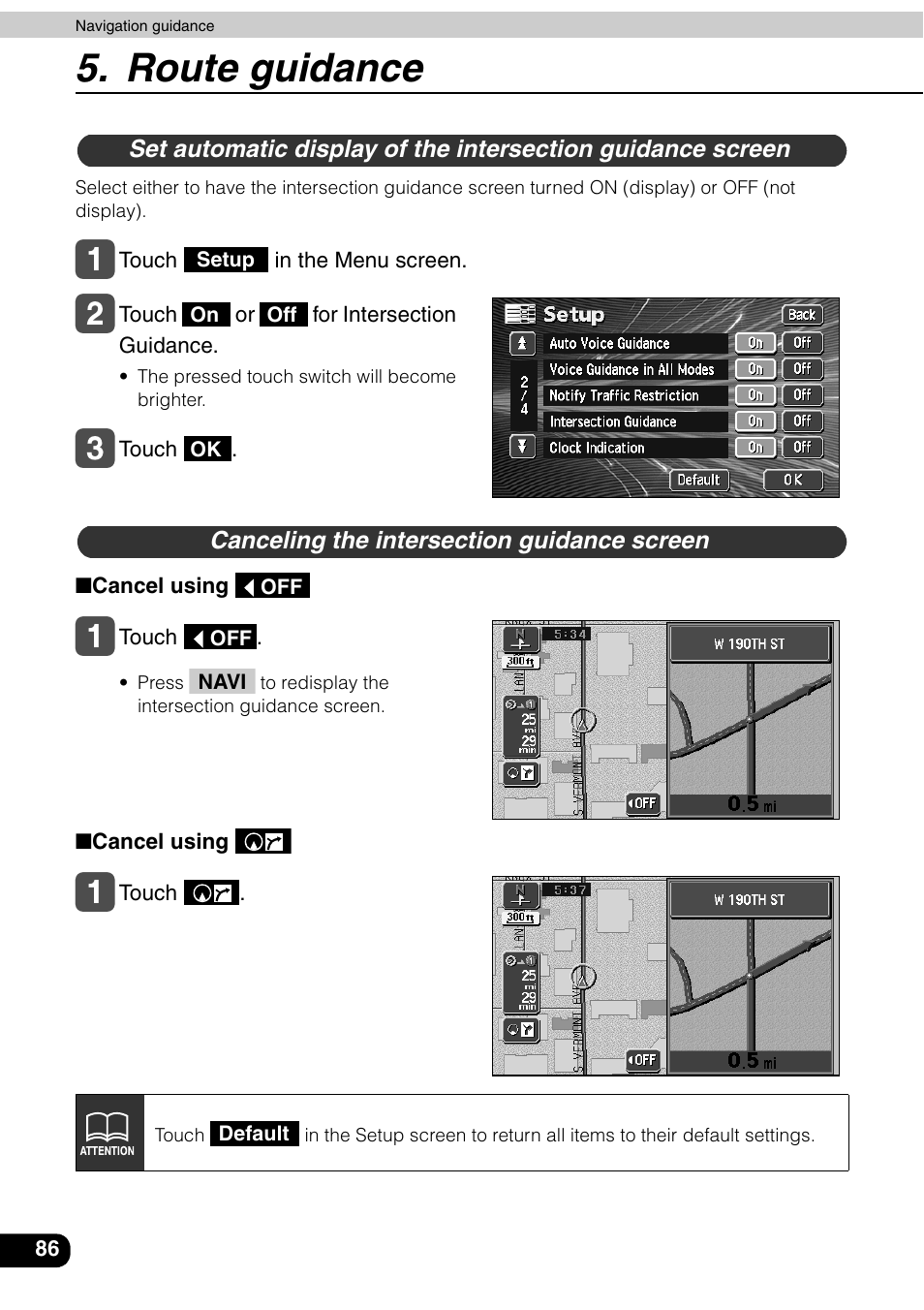 Canceling the intersection guidance screen, Route guidance | Eclipse - Fujitsu Ten AVN6600 User Manual | Page 86 / 163