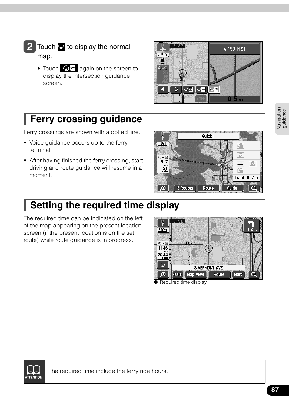 Ferry crossing guidance, Setting the required time display | Eclipse - Fujitsu Ten AVN6600 User Manual | Page 87 / 163