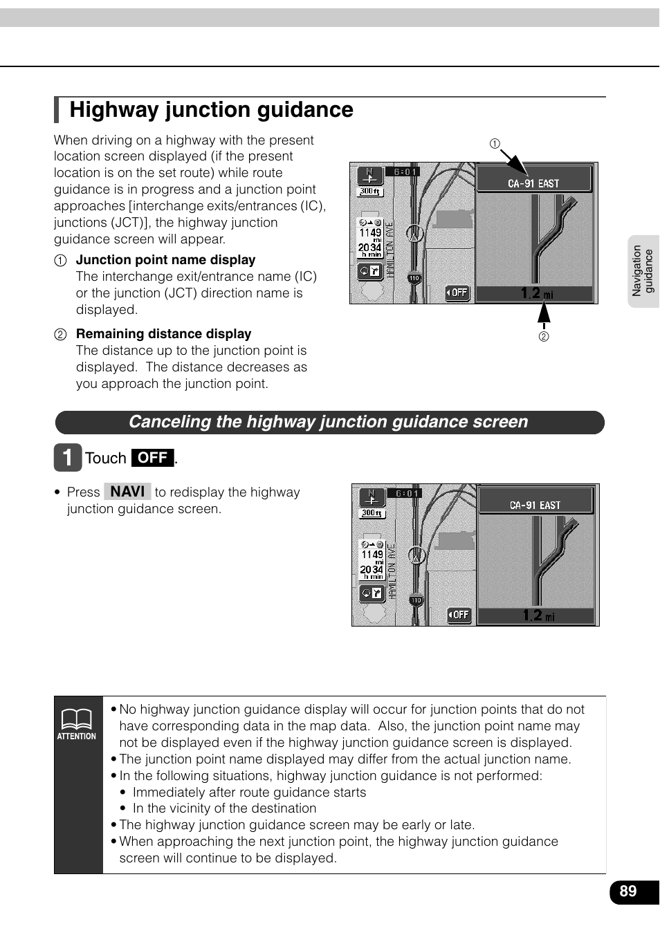 Highway junction guidance, Canceling the highway junction guidance screen | Eclipse - Fujitsu Ten AVN6600 User Manual | Page 89 / 163