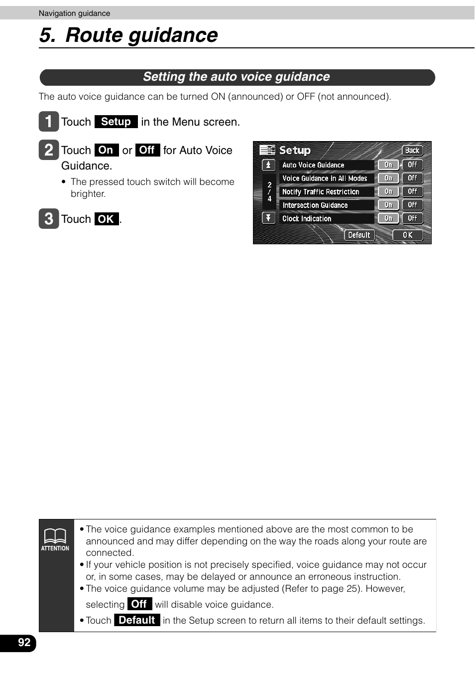 Setting the auto voice guidance, Route guidance | Eclipse - Fujitsu Ten AVN6600 User Manual | Page 92 / 163
