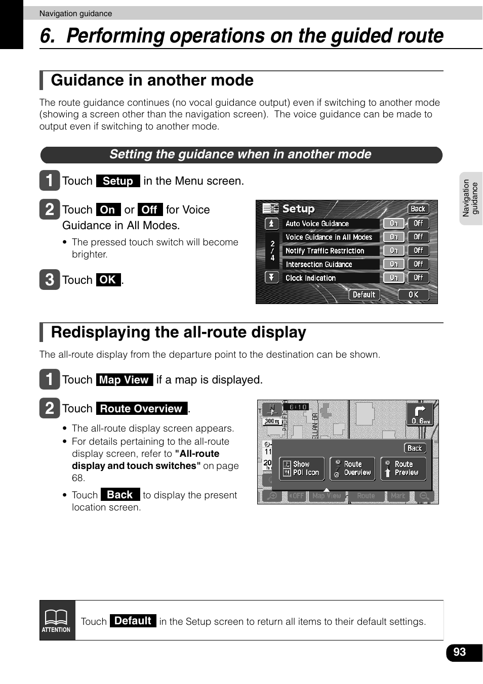 Performing operations on the guided route, Guidance in another mode, Setting the guidance when in another mode | Redisplaying the all-route display | Eclipse - Fujitsu Ten AVN6600 User Manual | Page 93 / 163