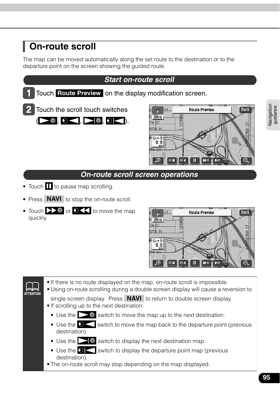 On-route scroll, Start on-route scroll, On-route scroll screen operations | Eclipse - Fujitsu Ten AVN6600 User Manual | Page 95 / 163