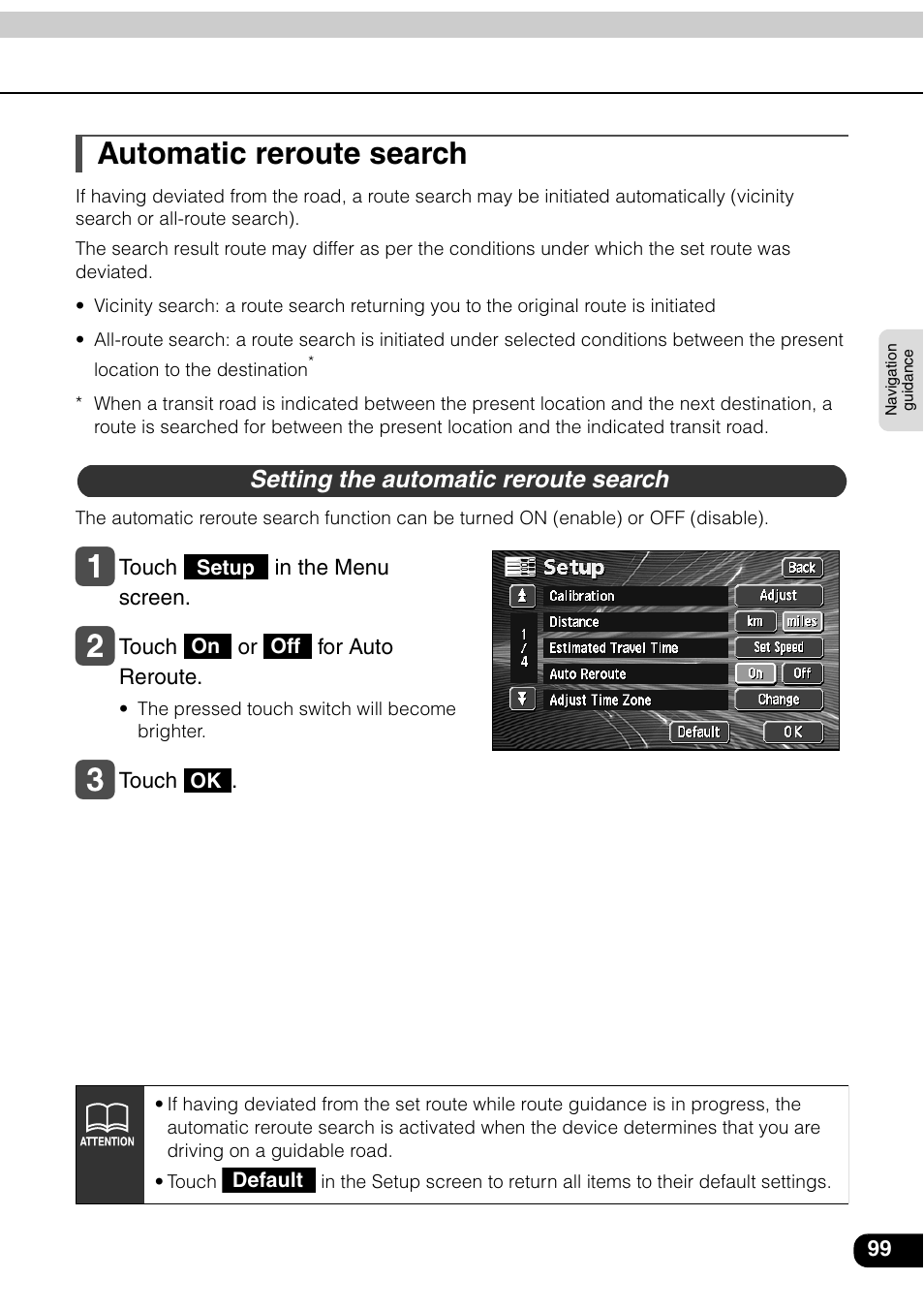 Automatic reroute search, Setting the automatic reroute search | Eclipse - Fujitsu Ten AVN6600 User Manual | Page 99 / 163
