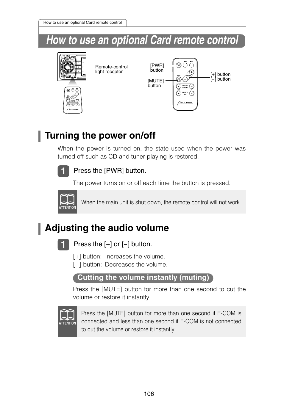 How to use an optional card remote control, Turning the power on/off, Adjusting the audio volume | Cutting the volume instantly (muting) | Eclipse - Fujitsu Ten CD8053 User Manual | Page 106 / 132