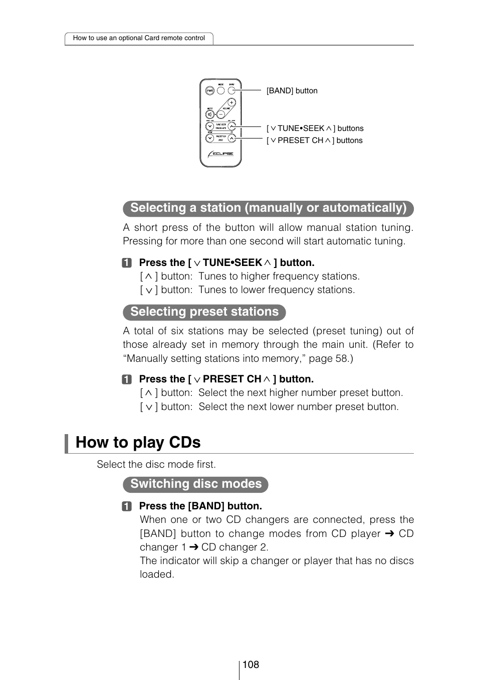 How to play cds, Selecting a station (manually or automatically), Selecting preset stations | Switching disc modes | Eclipse - Fujitsu Ten CD8053 User Manual | Page 108 / 132