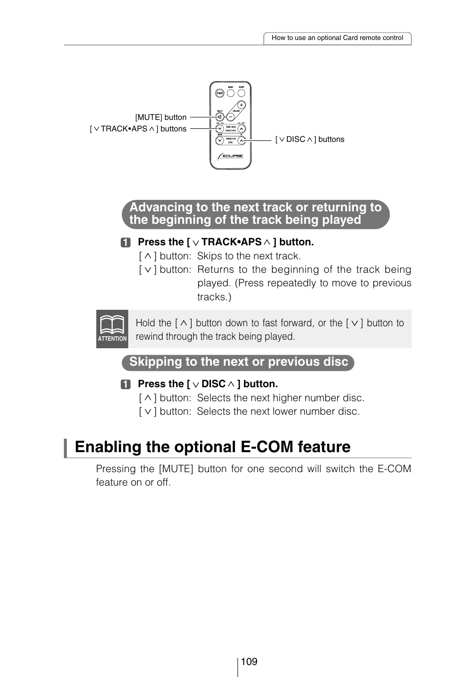 Enabling the optional e-com feature, Skipping to the next or previous disc | Eclipse - Fujitsu Ten CD8053 User Manual | Page 109 / 132