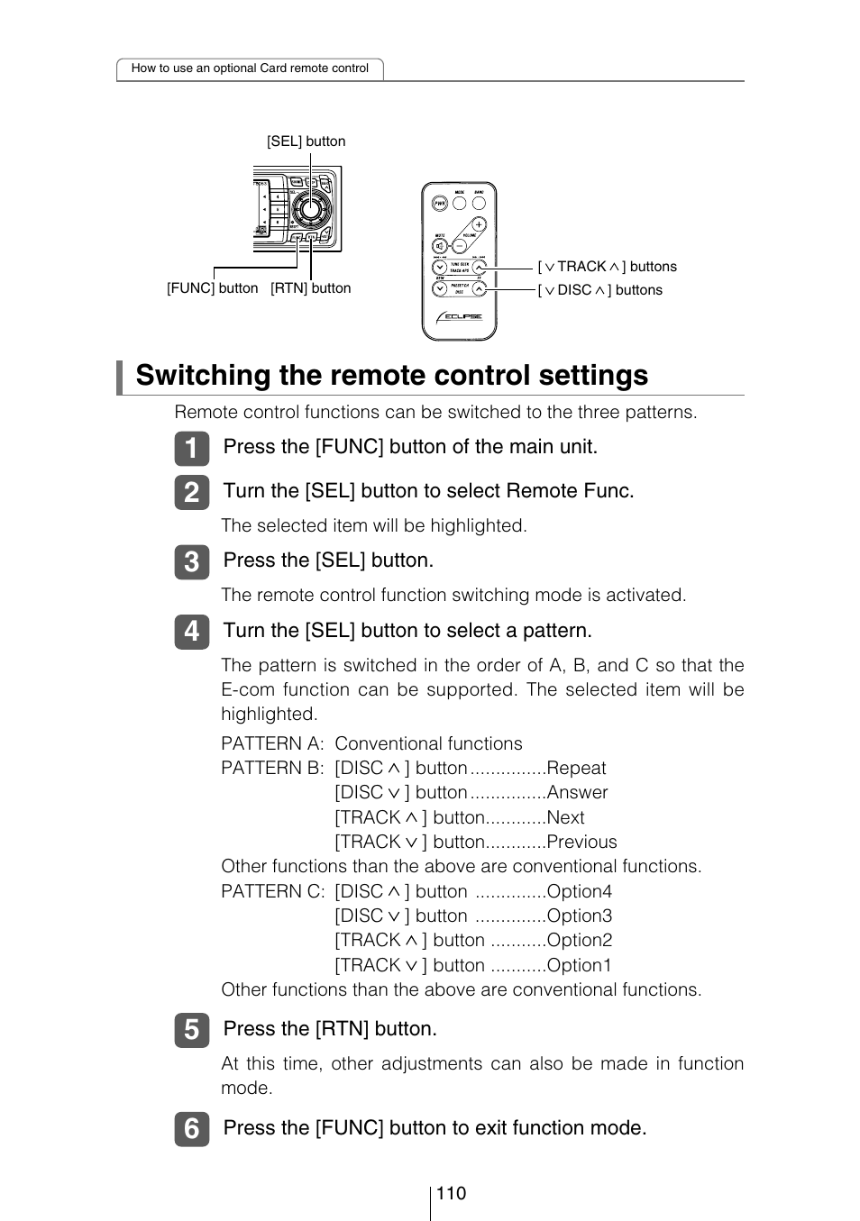 Switching the remote control settings | Eclipse - Fujitsu Ten CD8053 User Manual | Page 110 / 132